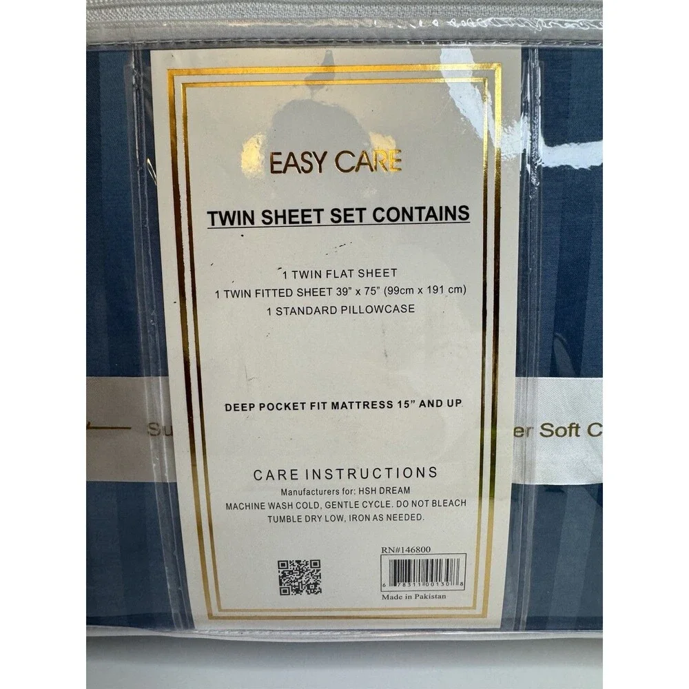 NWT-Hotel London 600-Thread Count Deep Pocket Striped Sheet Set (Twin, Teal)